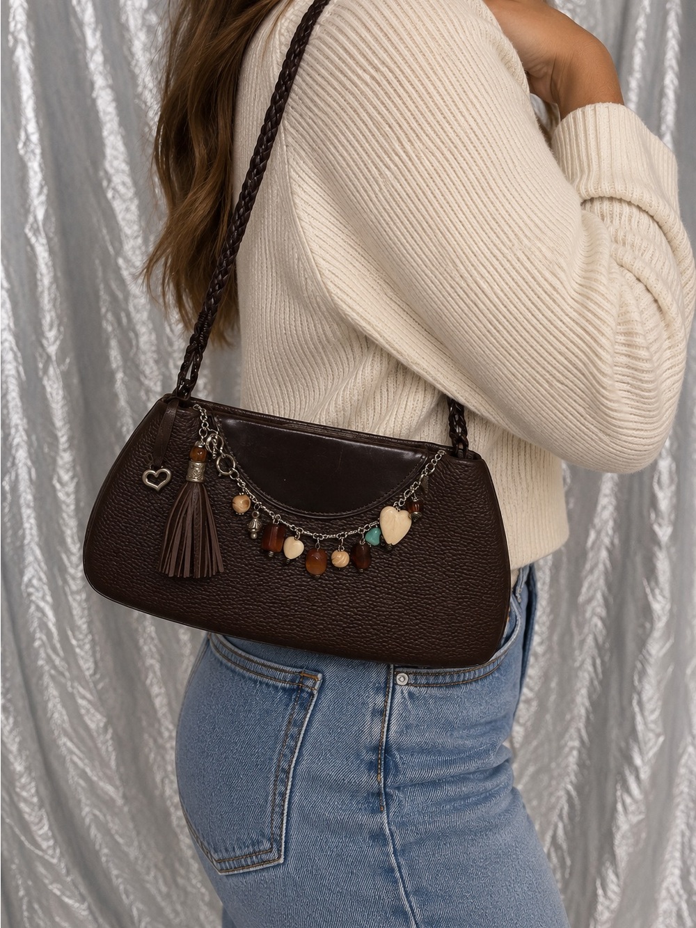 Brown Shoulder Bag Braided Strap Charm Tassel Beaded Boho Y2K Purse
